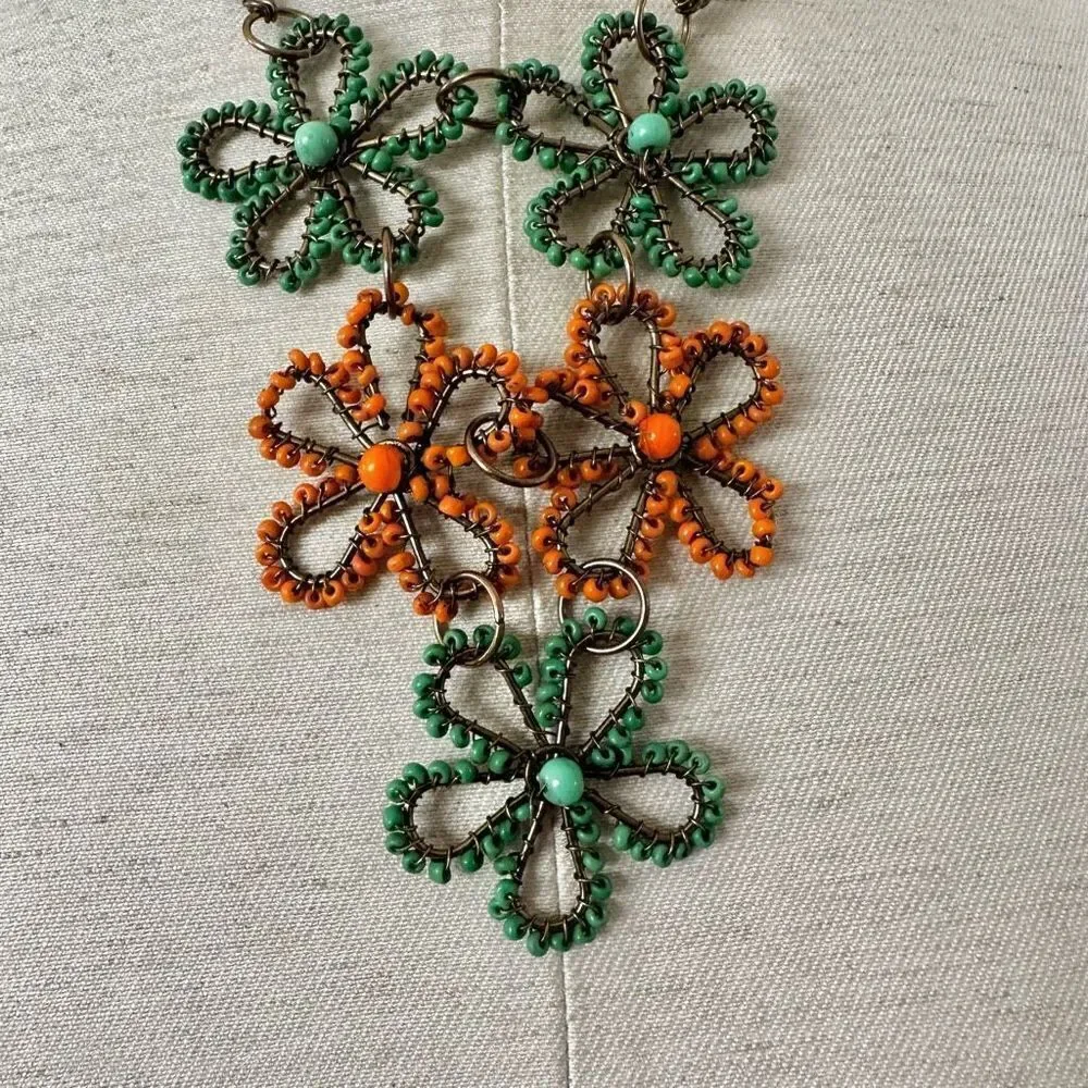 Green and orange flower beaded necklace